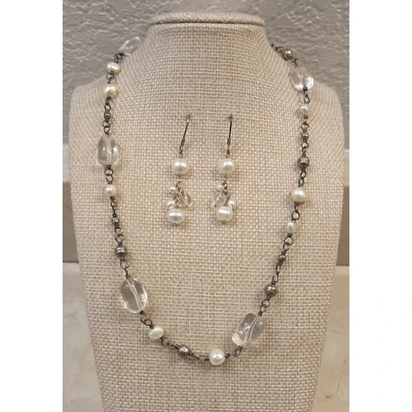 Vintage Silpada Sterling Silver Bead Freshwater Pearl Crystal Necklace Earrings - Picture 2 of 4